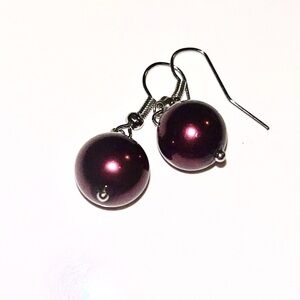 Elegant Burgundy Pearl Ball Drop Dangle Earrings